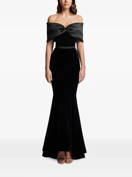 Rochie maxi Cristallini cu funde cu umerii deschiși negru