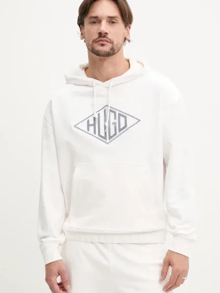 HUGO hanorac de barbati alb cu glugă cu imprimeu bej