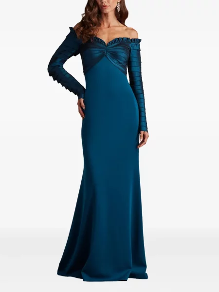 Rochie maxi Tadashi Shoji cu volane lungă de costum albastru