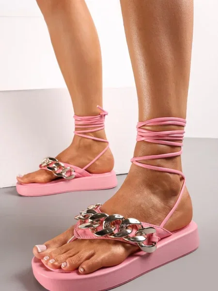 Sandale Japoneze Fucsia cu Bareta Decorativa cu Lanț și Șnur la Gambă Fephira roz