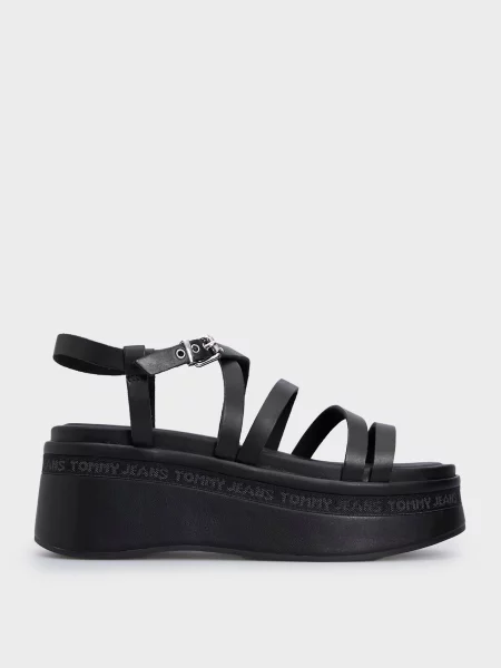 Шкіряні босоніжки Tommy Jeans на танкетці з ремінцями чорні