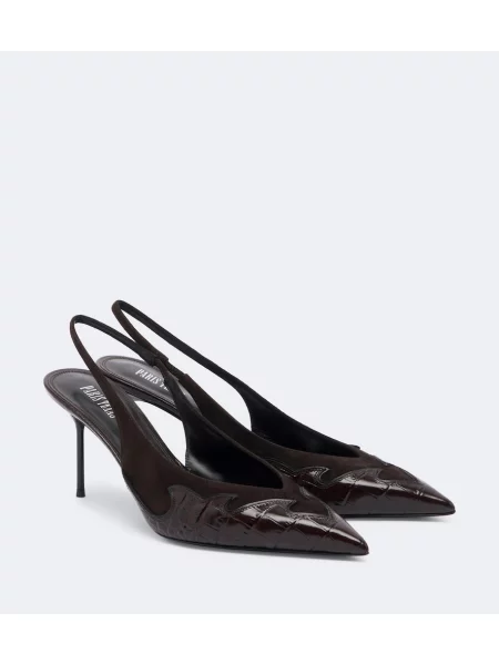 Pantofi cu toc Paris Texas din piele slingback cu motiv cu inimi maro