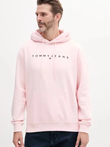Суичър с качулка Tommy Jeans с качулка с принт розово