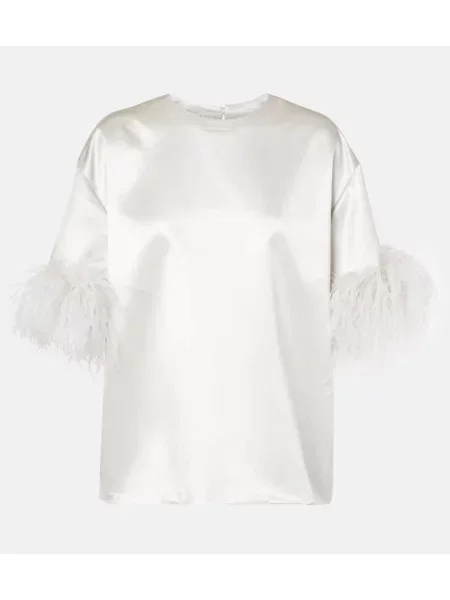 Satynowy top Valentino w piórka biały