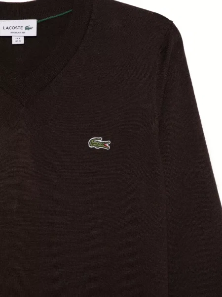 Pulover Lacoste cu decolteu în V cu autograf maro