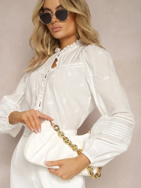 Cămașă din cu Volan și Inserții Ajurate Kodrea albă