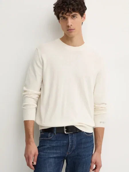 Пуловер с вълна Pepe Jeans NEW ANDRE CREW NECK мъжки от лека материя бежово