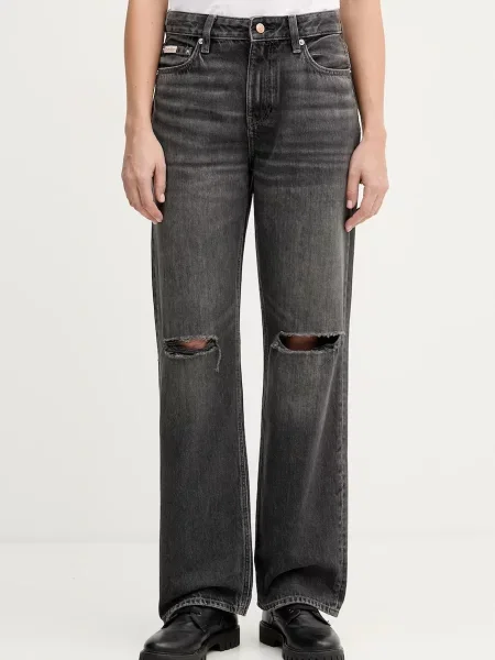 Дънки Calvin Klein Jeans с висока талия сиво