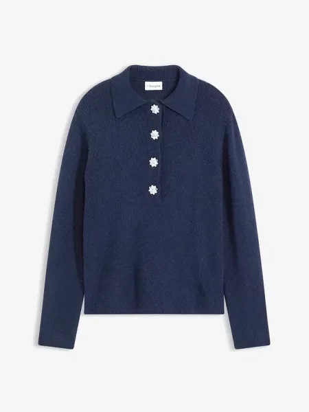 Sweter z kołnierzykiem polo z domieszką wełny niebieska