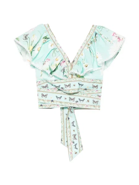 Top din dantelă Paper Lace cu model floral cu volane din dantelă verde