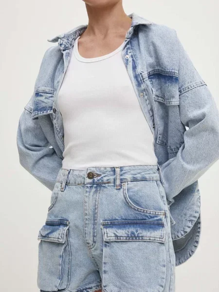 Дънков къс панталон Answear Lab с изчистен дизайн с висока талия синьо