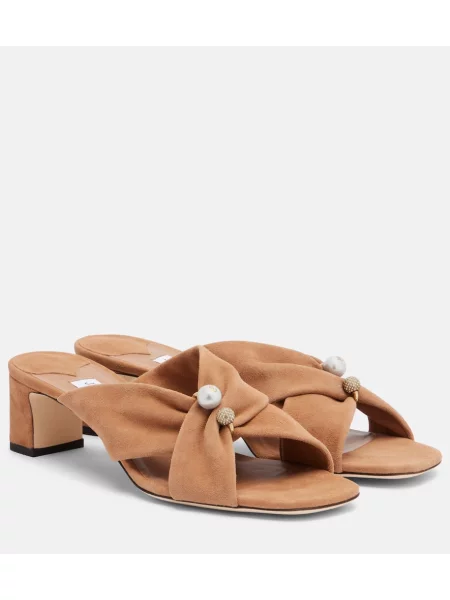 Papuci tip mules Jimmy Choo din piele de căprioară bej