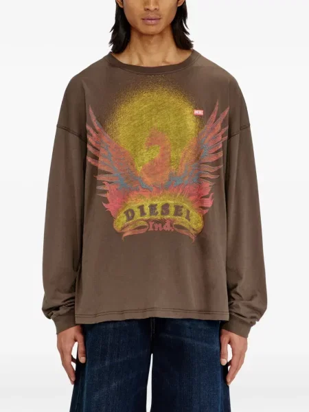 Lung tricou Diesel cu imagine maro