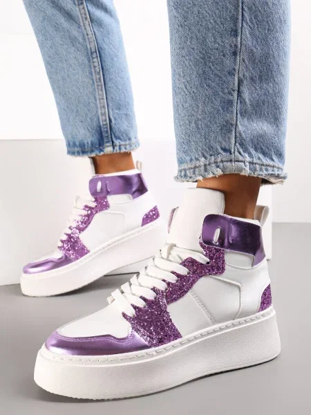 Sneakers albi-mov cu șireturi cu sclipici și inserții metalice Sareena alb