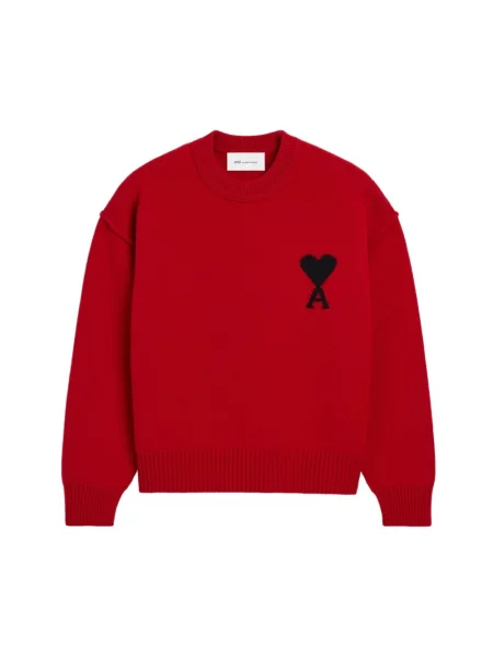 Sweter Ami Paris wełniany z okrągłym dekoltem czerwony