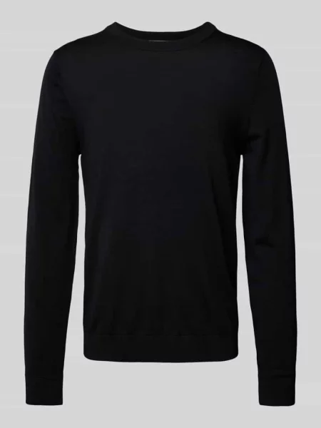 Sweter z dzianiny z wełny merino z prążkowanymi wykończeniami model ‘TRAY’ Selected Homme czarny