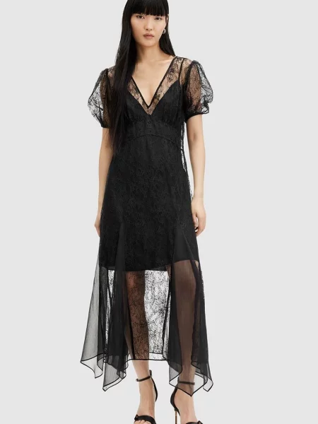 AllSaints rochie RAYNA LACE DRESS maxi evazati negru
