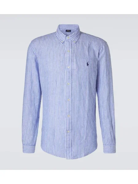 Lněná pruhovaná košile Polo Ralph Lauren modrá