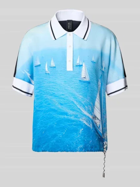 Bluzka o kroju regular fit z czystego lyocellu z kołnierzykiem polo Marc Cain niebieska