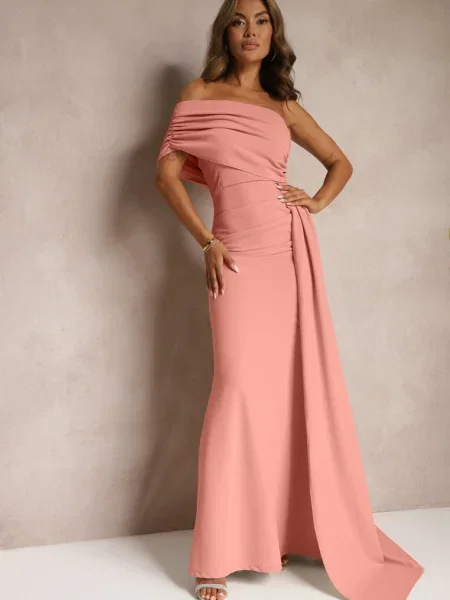 Rochie Maxi Kaliel fără bretele cu trenă decorativă și drapaj roz