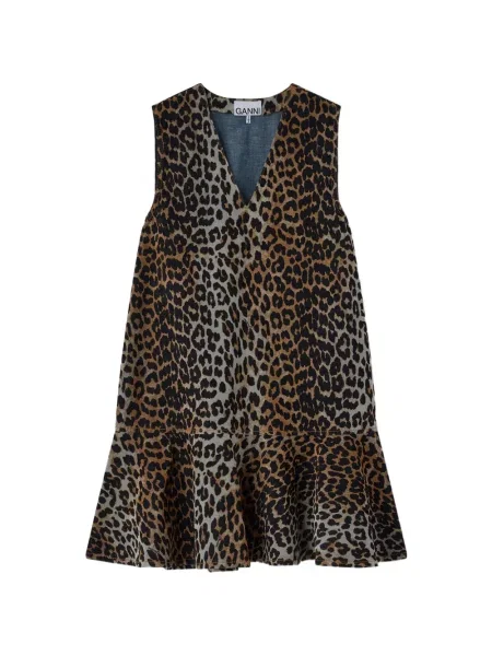 Rochie din denim Ganni cu model leopard negru