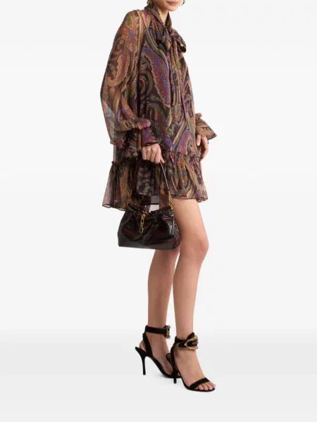 Rochie mini Etro de mătase cu volane cu model paisley maro