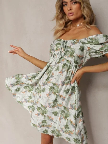 Rochie Verde-Bej cu Decolteu Legat și Mâneci Bufante cu în Spate cu Model Floral Vikolla bej