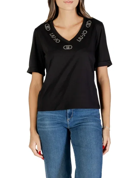 Koszulka Liu Jo z dekoltem w serek z kamieniami czarna