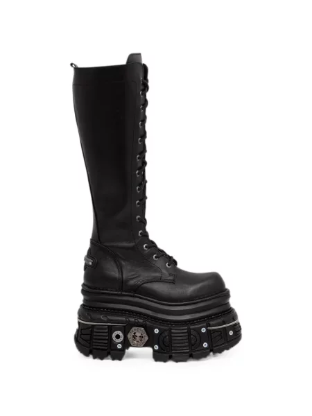Botine New Rock cu șireturi cu platformă din dantelă negru
