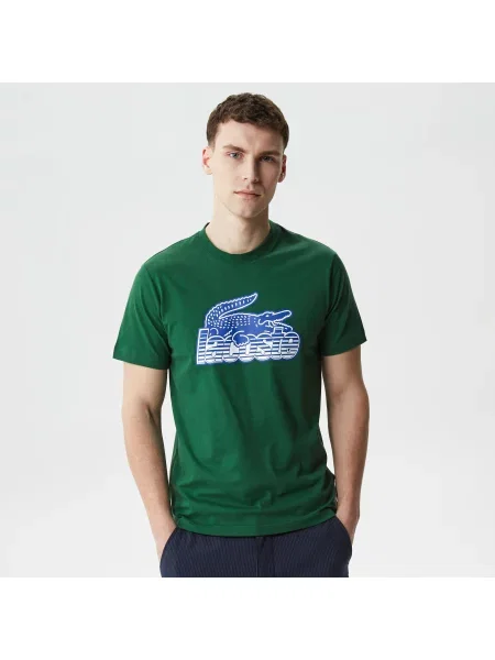 Lacoste T-Shirt Z Okrągłym Dekoltem Z Nadrukiem Regular Fit zielony