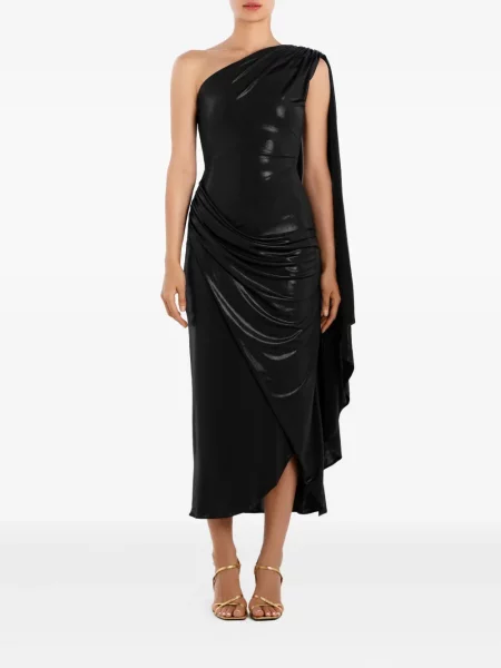 Rochie midi Post Meridiem drapată până la genunchi cu un umăr gol negru
