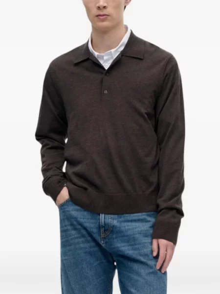 Lung tricou polo Berner Kühl de lână maro