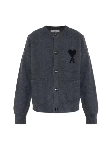 Sweter Ami Paris wełniany z logo szary