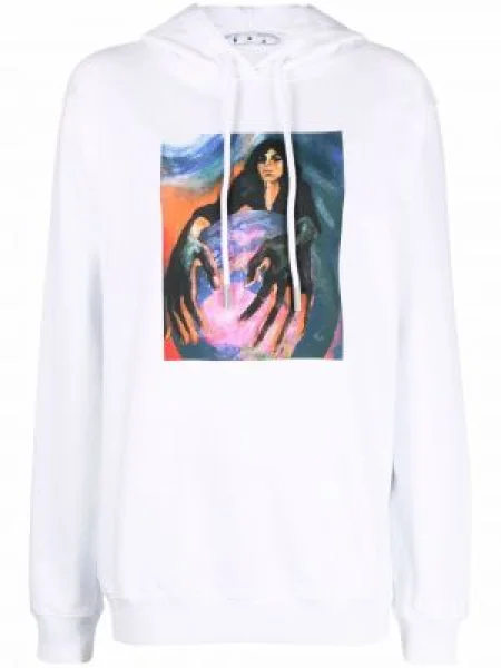 Hanorac cu glugă Off-white cu imagine alb