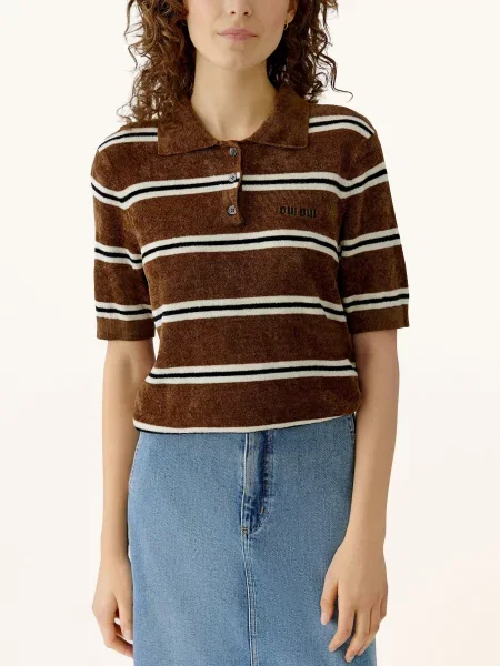 Oui Pletené Polo Tričko hnědá / režná černá
