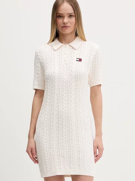 Tommy Jeans pletena haljina od pamuka bež