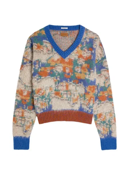 Sweter Mother w kwiatki z dekoltem w serek o krotszym kroju