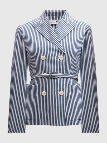 Двобортний жакет з шовком в смужку Christian Dior блакитний