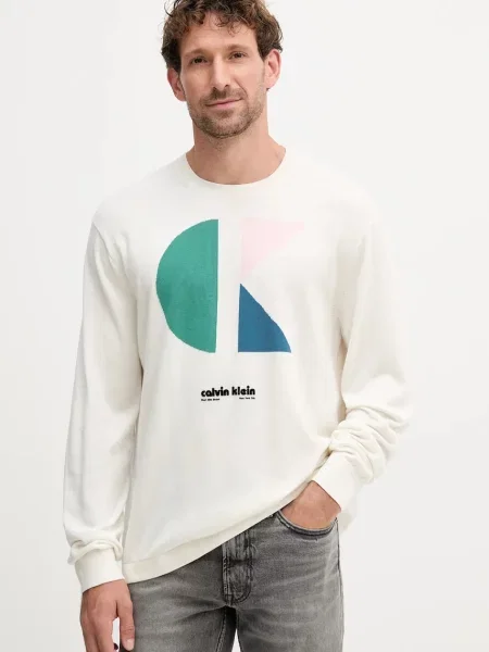 Bombažen pulover Calvin Klein Jeans bela