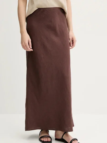 Samsoe Samsoe spódnica lniana SAAGNETA midi prosta brązowy