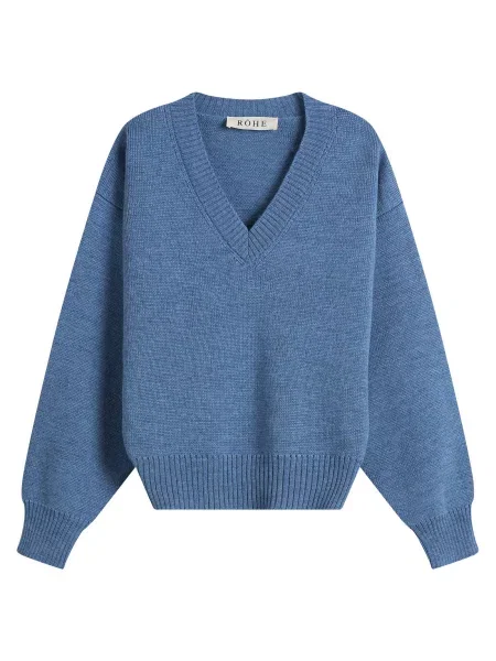 Dzianinowy sweter Róhe z dekoltem w serek w kolorze melanż niebieski