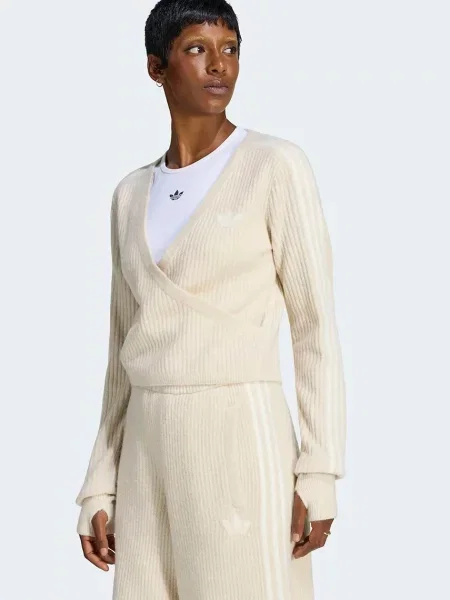Dzianinowy kardigan Adidas Originals kopertowy beżowy