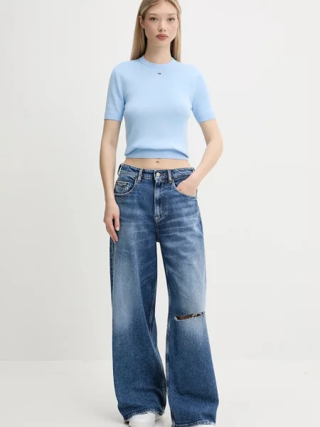 Tommy Jeans pulover s kratkimi rokavi bombažen modra