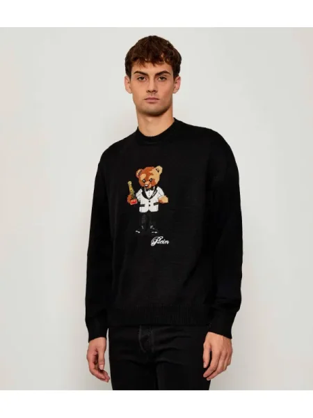 Philipp Plein Kötött pulóver Teddy Bear gyapjú hozzáadásával fekete
