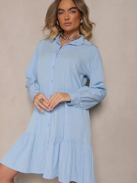 Koszulowa Sukienka z Wiskozą Zakończona Falbanką Tirzedi niebieska
