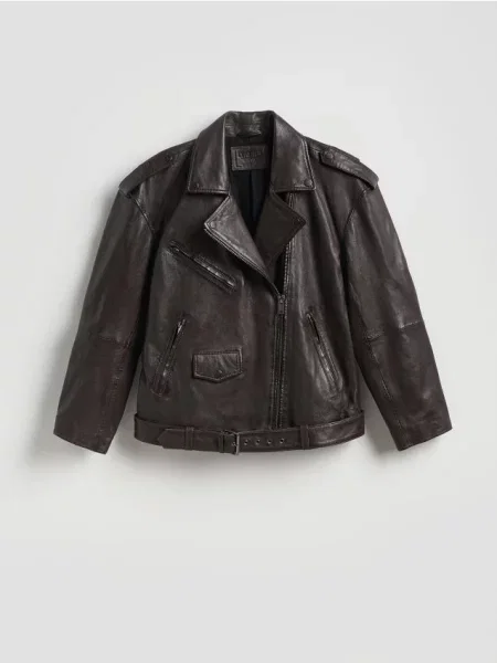 Reserved Geacă de piele tip biker maro-închis maro
