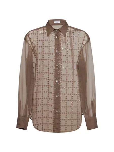 Cămașă Brunello Cucinelli cu broderie în carouri maro