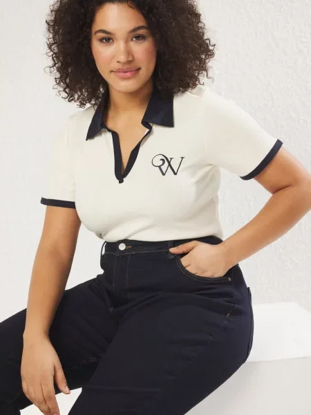 Trendyol Curve Tricou crem / închis albastru