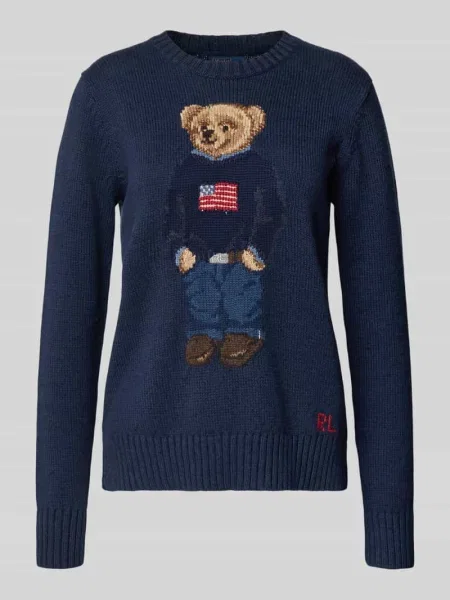 Sweter z dzianiny z motywem i okrągłym dekoltem Ralph Lauren niebieski