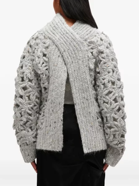 Pulover Ganni din lână alpaca cu model floral gri